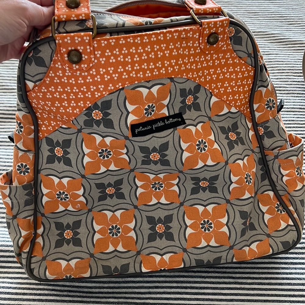 Petunia Pickle Bottom Sashay Satchel Diaper Bag orange and grey lightly used.